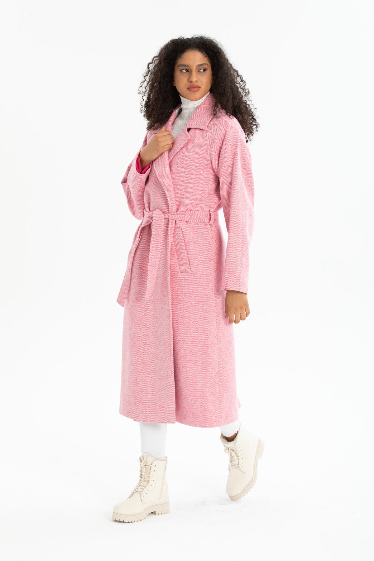 Beatrix Women's Herringbone Belted Coat - Pink Herringbone - product image 2