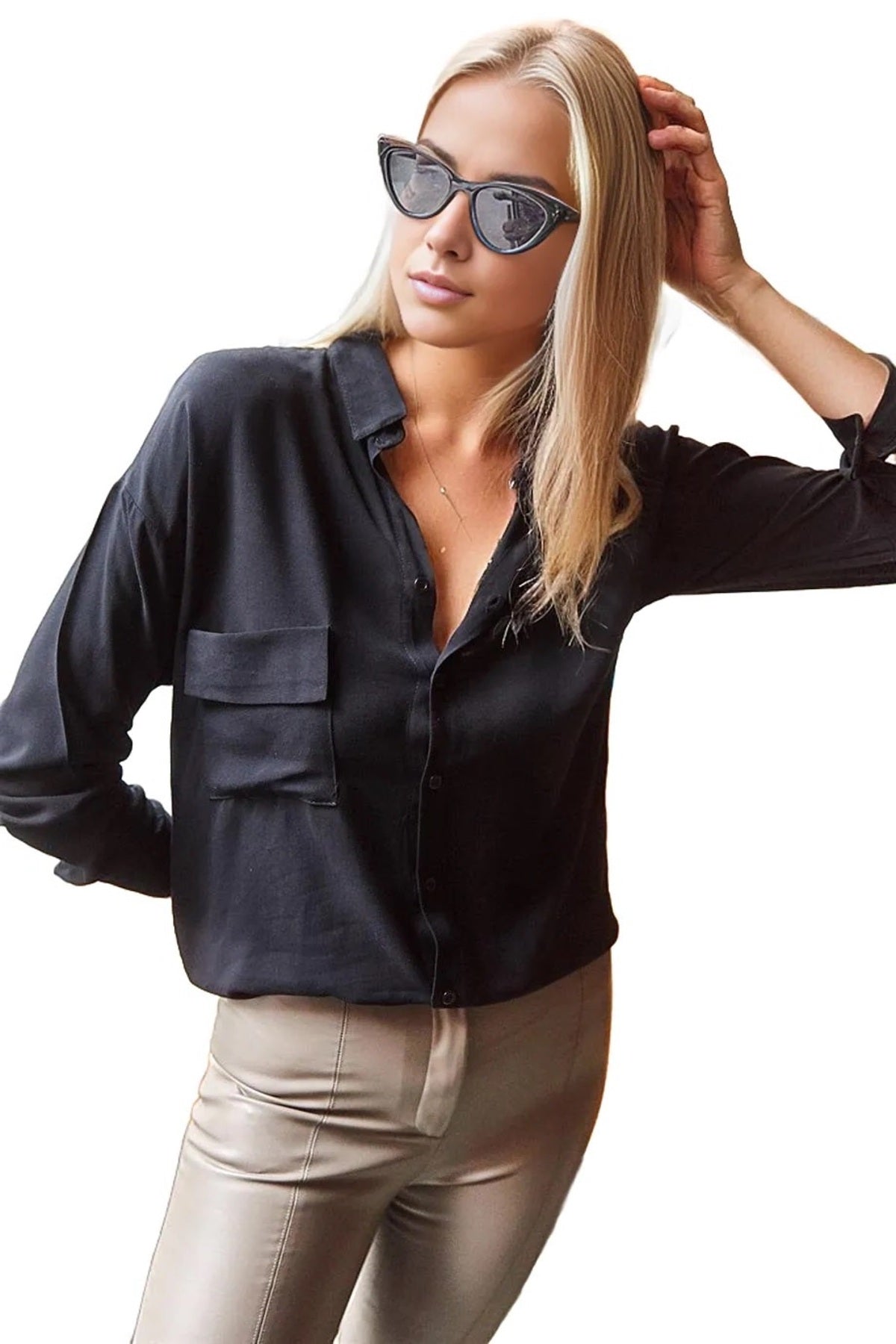 Iris Women's Viscose Relaxed Fit Pocket Shirt - Black Single Pocket