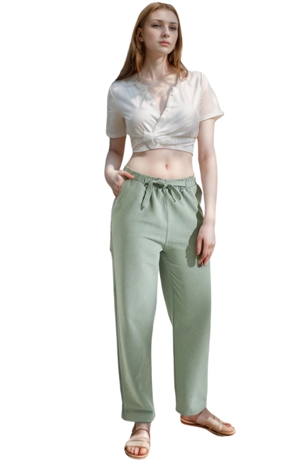 Victoria Women's Linen-Viscose Blend Belted Tapered Pants with Pockets - Almond Green