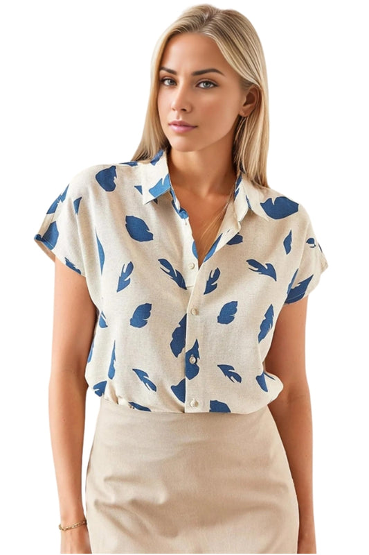 Freya Women's Short Sleeve Batwing Shirt - Blue Leaf Print