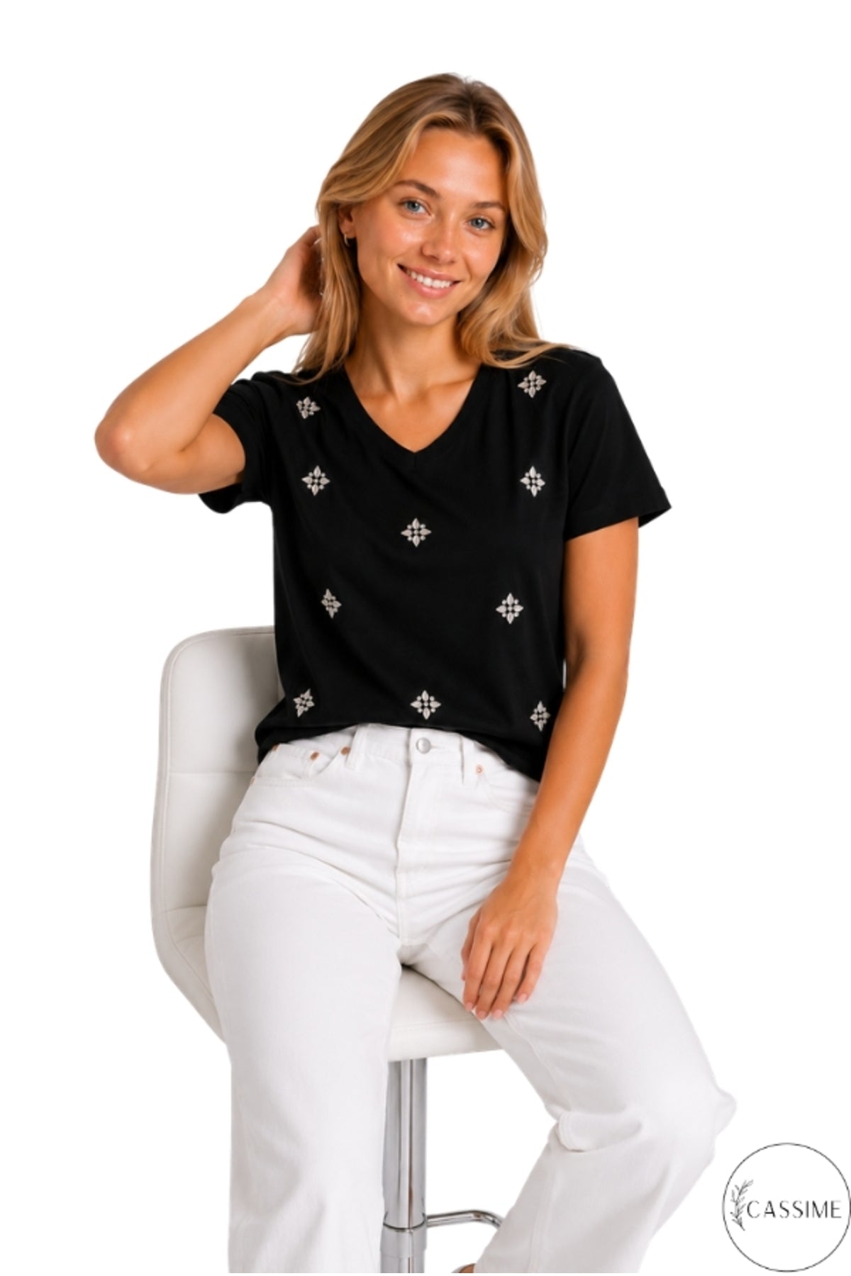 Emma Women's Cotton Embellished T-Shirt - Multicolor Floral Rhinestones