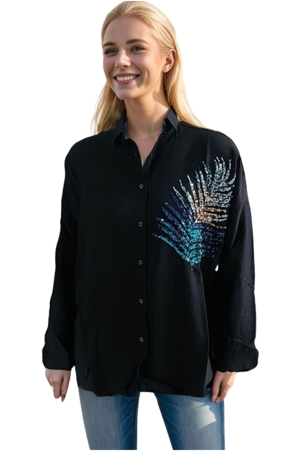 Delilah Women's Linen Oversized Embellished Long Sleeve Shirt - Black Leaf