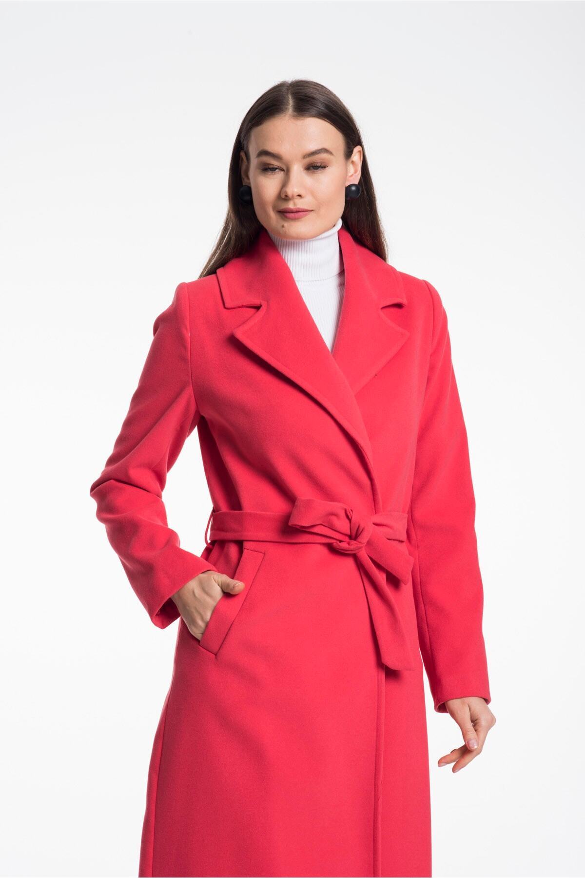 Faye Women's Belted Notched Collar Coat - Matte Coral Red - product image 5