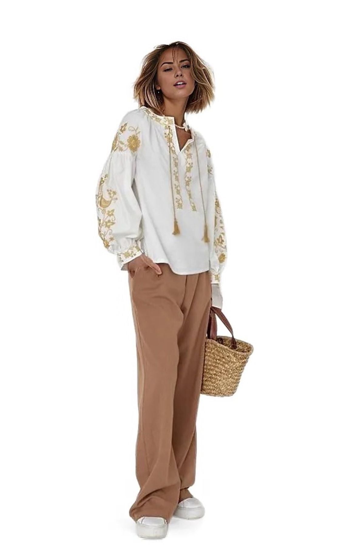 Autumn Women's Bird and Floral Embroidered Tassel Blouse - White