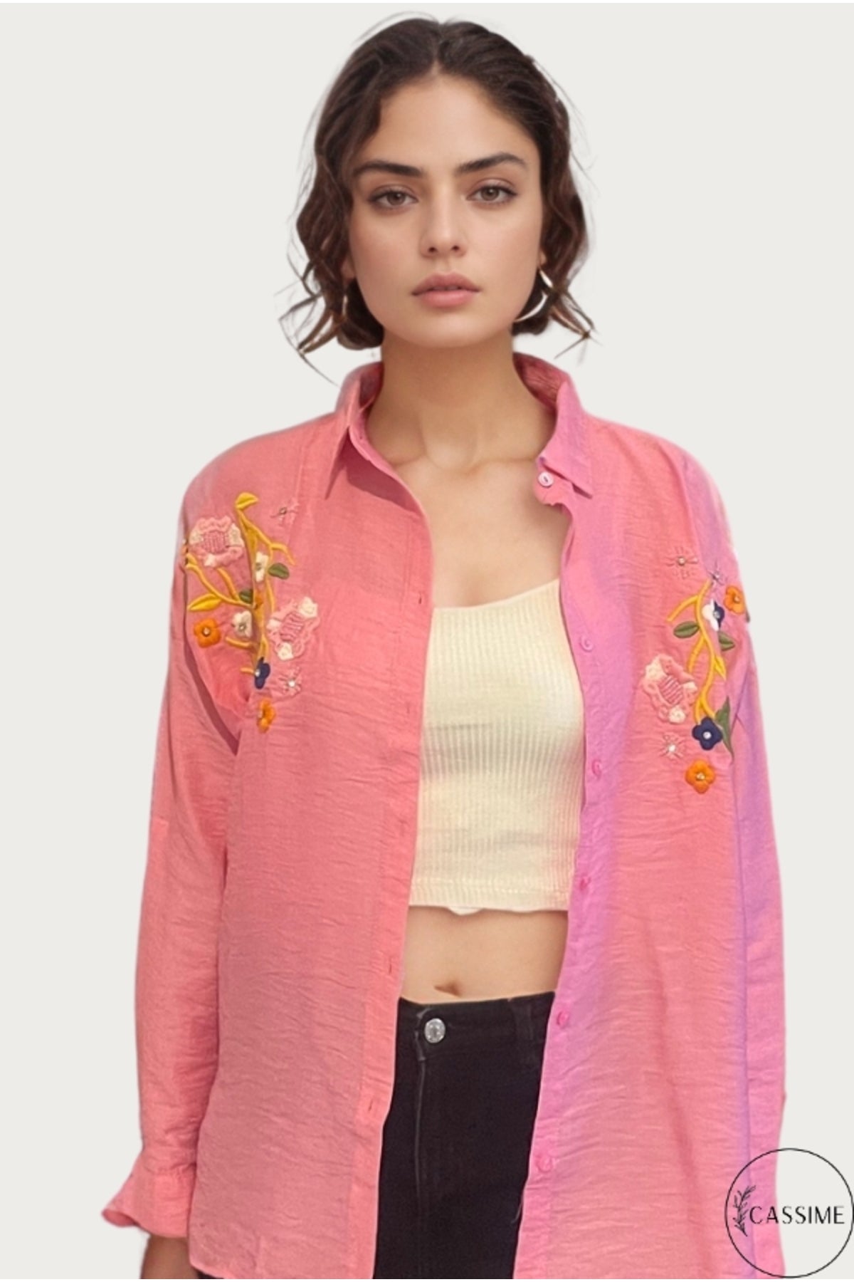 Claire Women's Floral Embellished Button-Up Shirt - Candy Pink Floral Embroidery