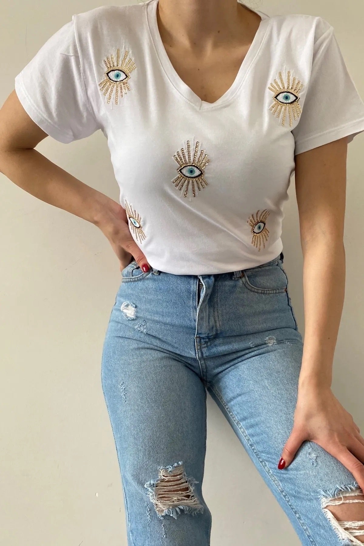 Olivia Women's Plus Size Embellished V-Neck T-Shirt - White Evil Eye Sequin Embellishment