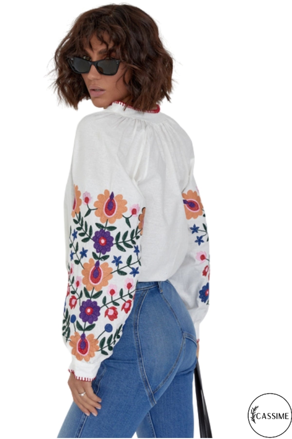 Edith Women's Cotton Floral Embroidered Balloon Sleeve Blouse - White with Multicolor Floral Embroidery