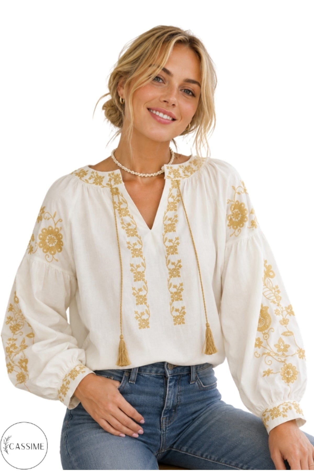 Autumn Women's Bird and Floral Embroidered Tassel Blouse - White