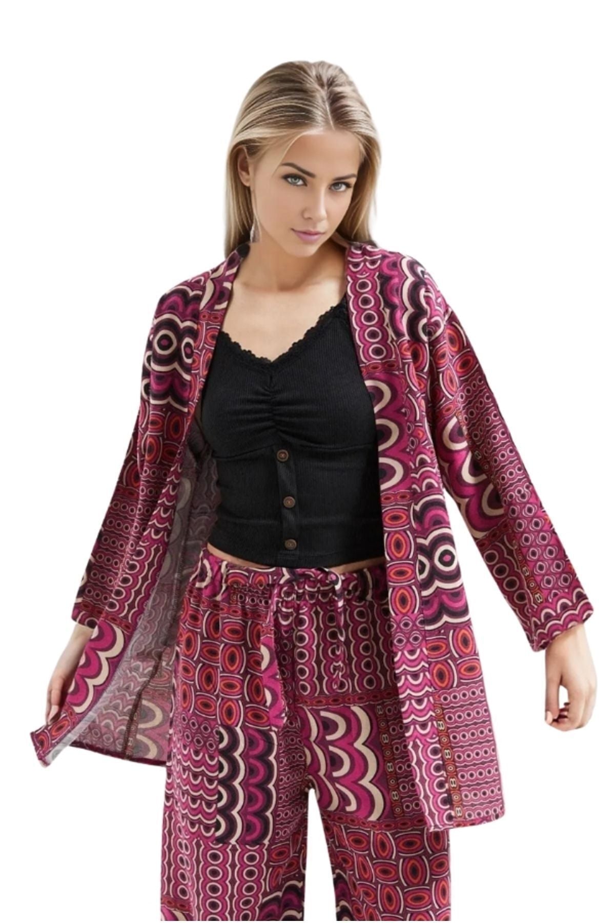 Catherine Women's Linen-Viscose Blend Relaxed Fit Kimono - Purple Geometric Print