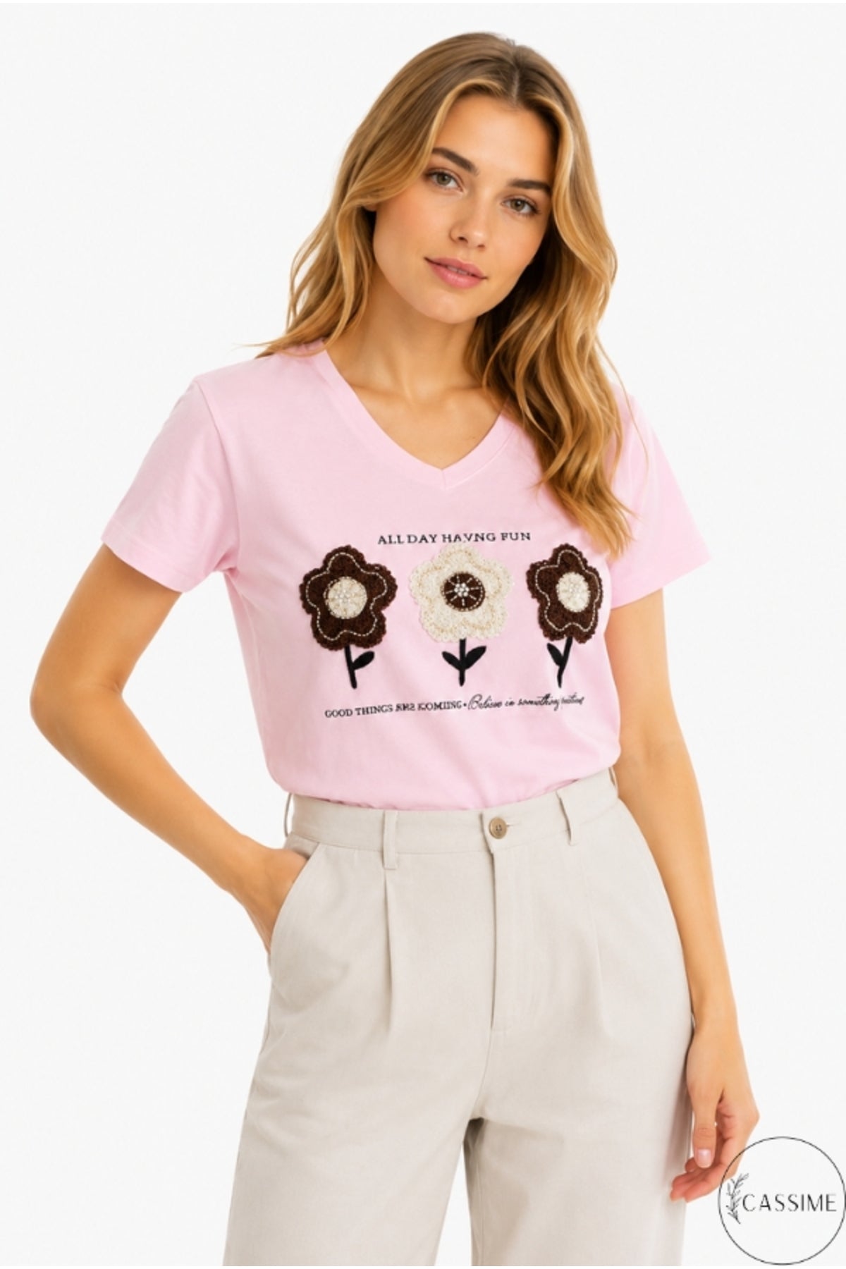 Emma Women's Cotton Embellished T-Shirt - Pink Floral Embroidery