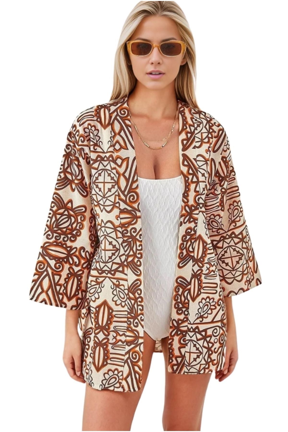 Catherine Women's Linen-Viscose Blend Relaxed Fit Kimono - Brown Boho Print