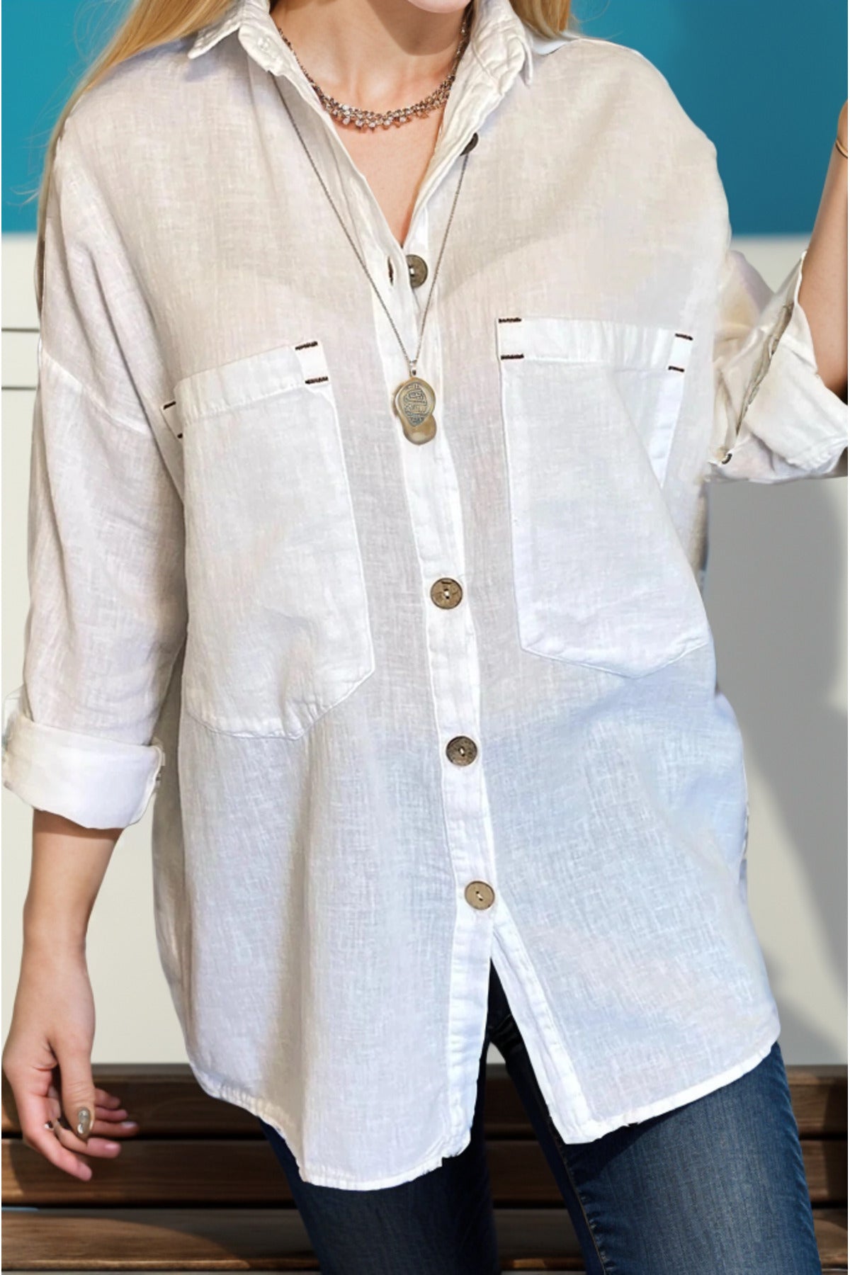 Jasmine Women's Cotton-Linen Blend Oversized Longline Button-Up Shirt - Ivory