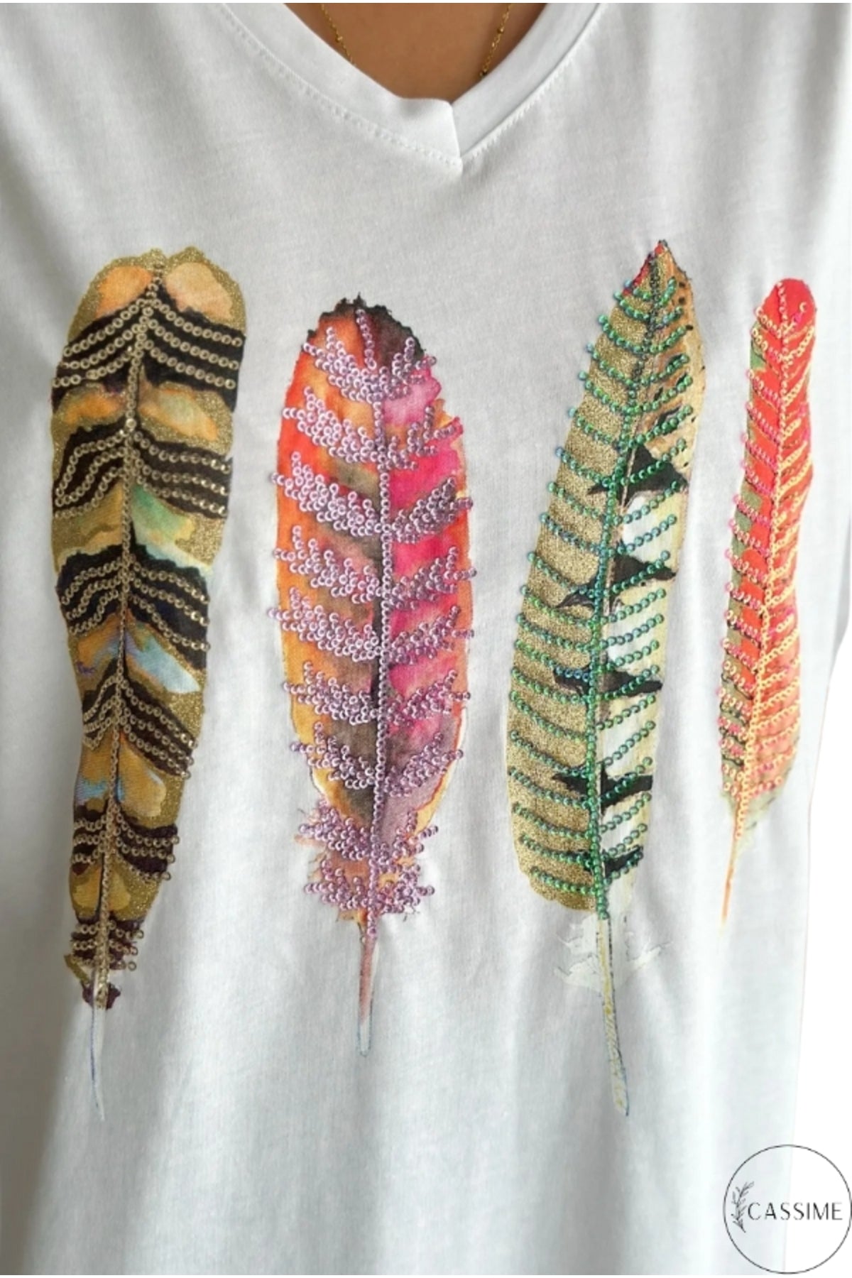 Sophie Women's Cotton Embellished V-Neck T-Shirt - White Four Multicolor Feathers Print