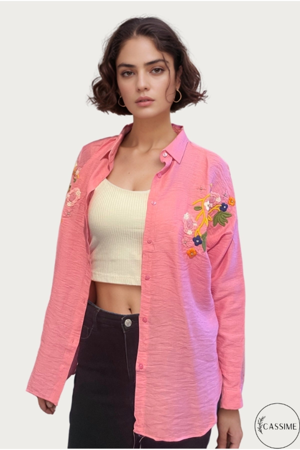 Claire Women's Floral Embellished Button-Up Shirt - Candy Pink Floral Embroidery