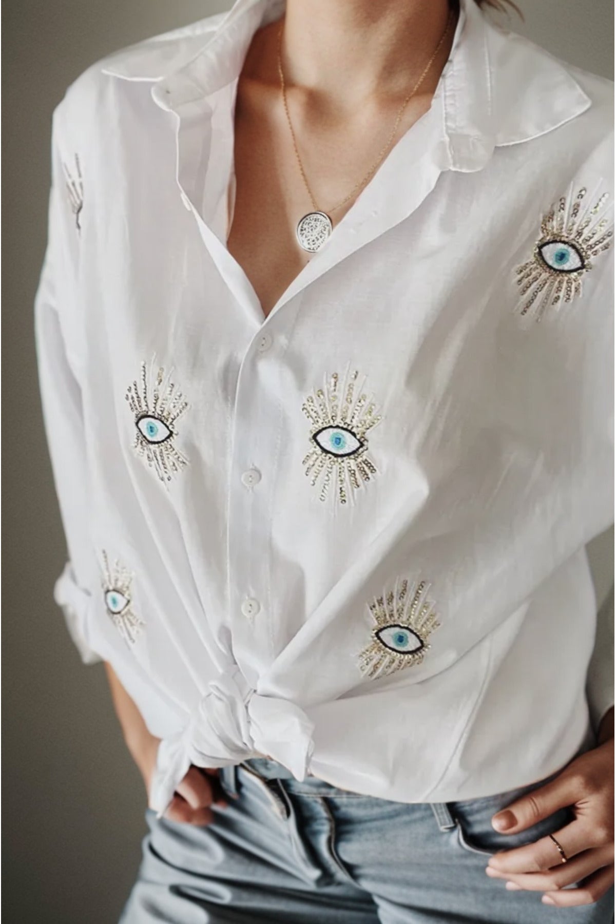 Delilah Women's Cotton Oversized Embellished Long Sleeve Shirt - White