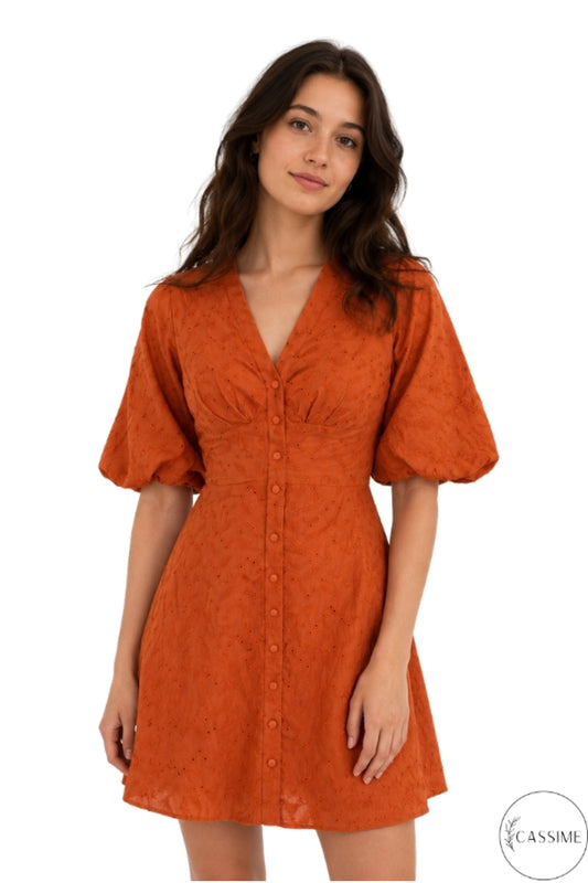Clara Women's Cotton Blend Broderie Anglaise V-Neck Mini Dress - Terracotta