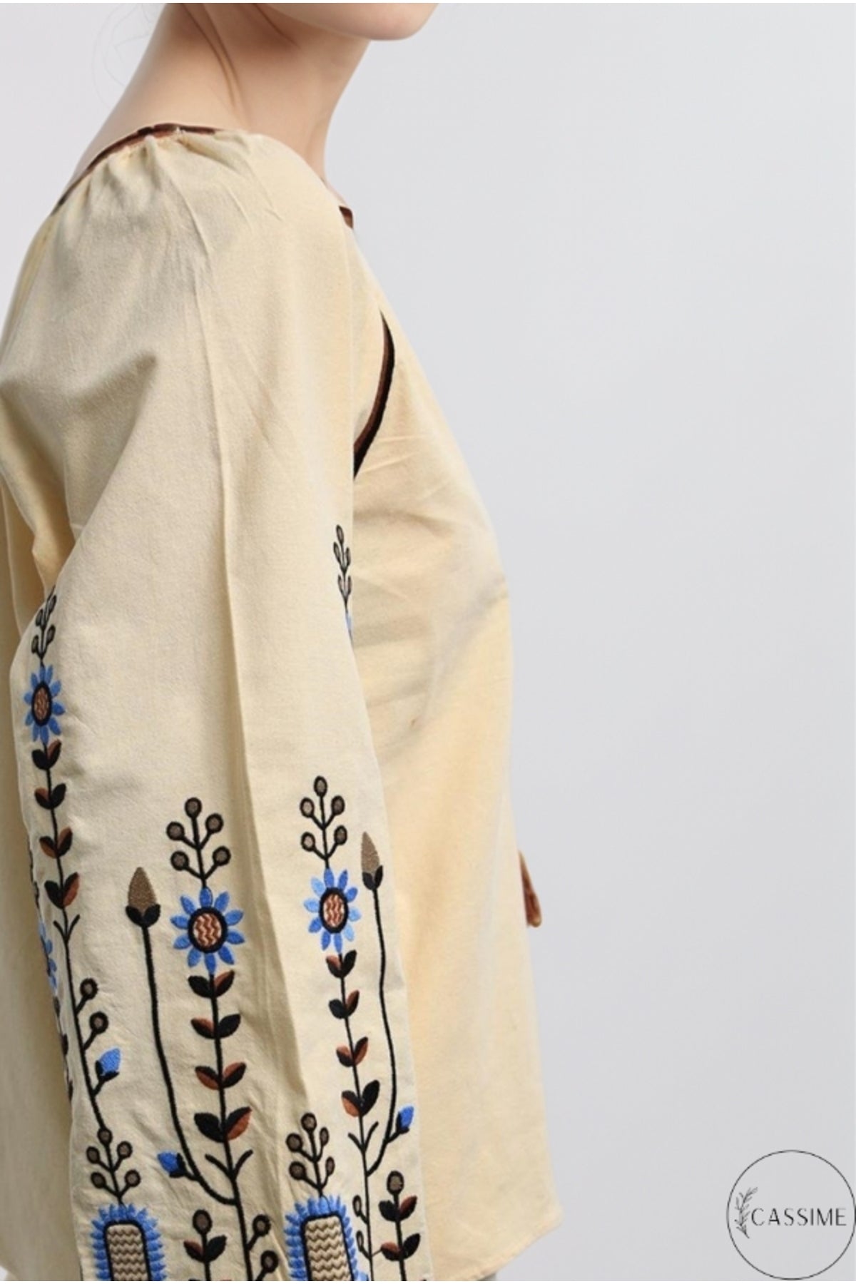 Frances Women's Cotton Embroidered Long Sleeve Blouse - Cream