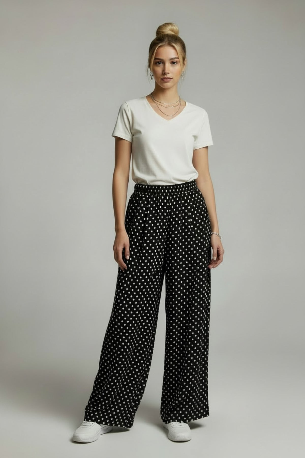Bethany Women's Viscose High Waist Palazzo Pants - Black with White Polka Dots