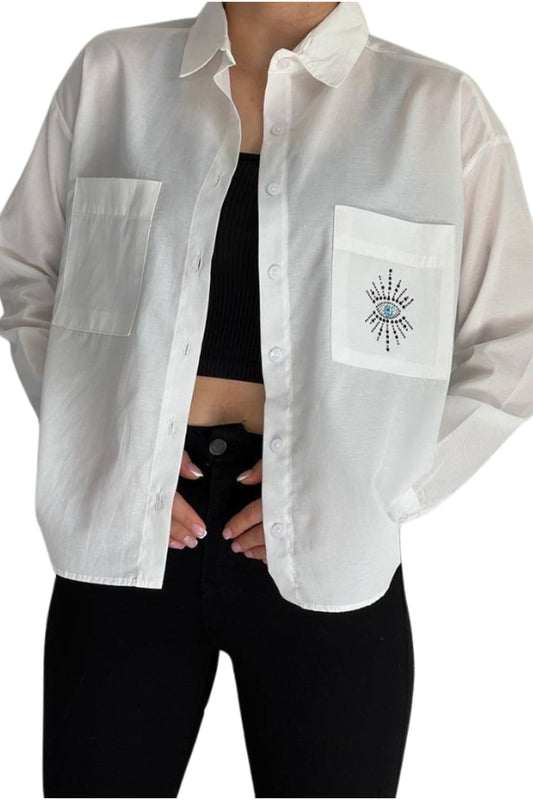 Josephine Women's Cotton Embellished Evil Eye Pocket Shirt - White
