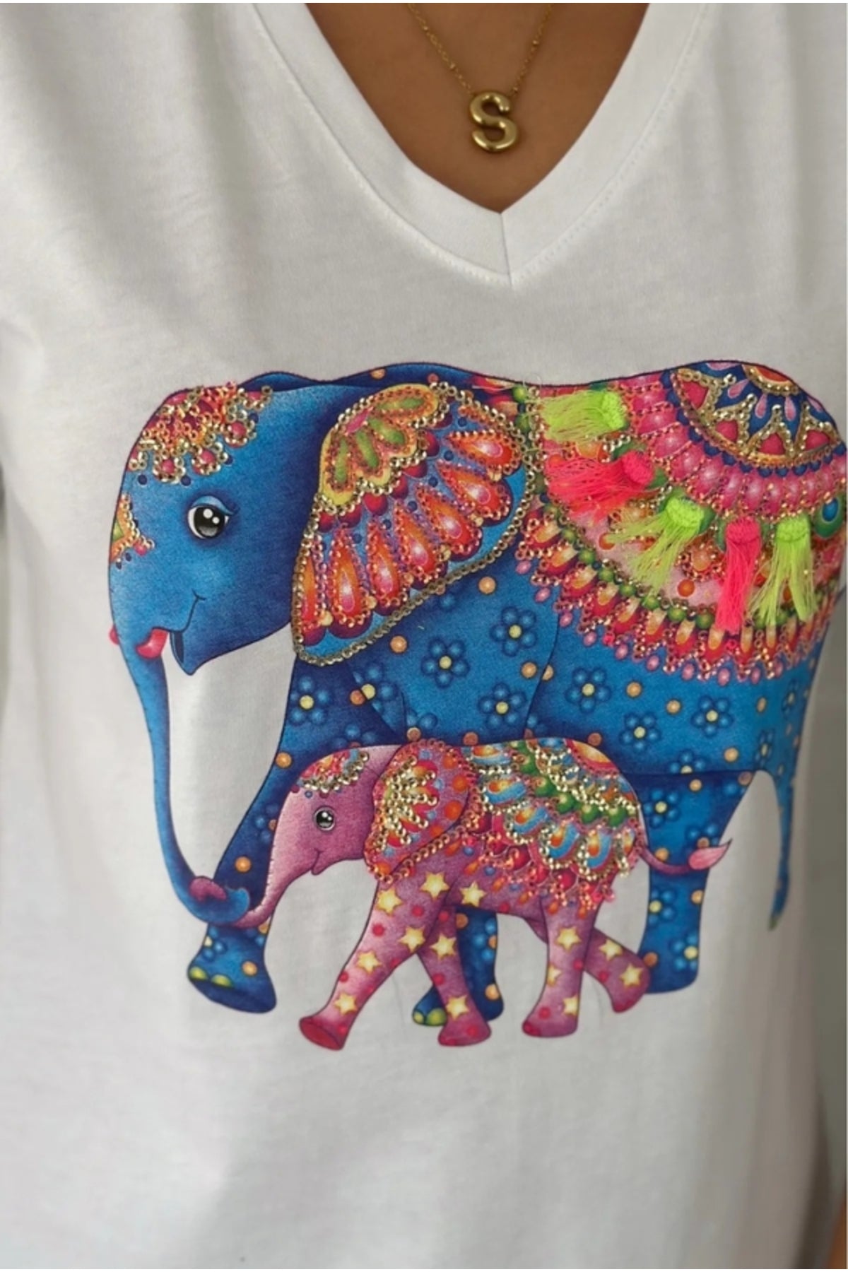 Sophie Women's Cotton Embellished V-Neck T-Shirt - White with Multicolor Elephant Print
