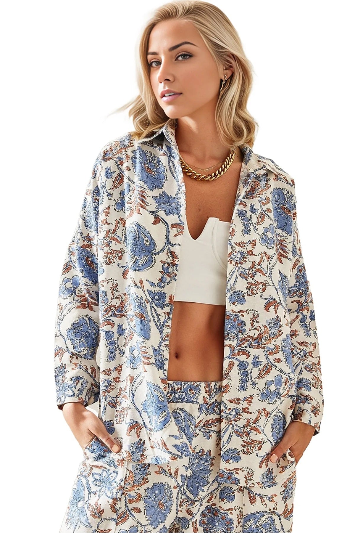 Emilia Women's Linen-Viscose Blend Oversized Printed Shirt - Light Blue Floral