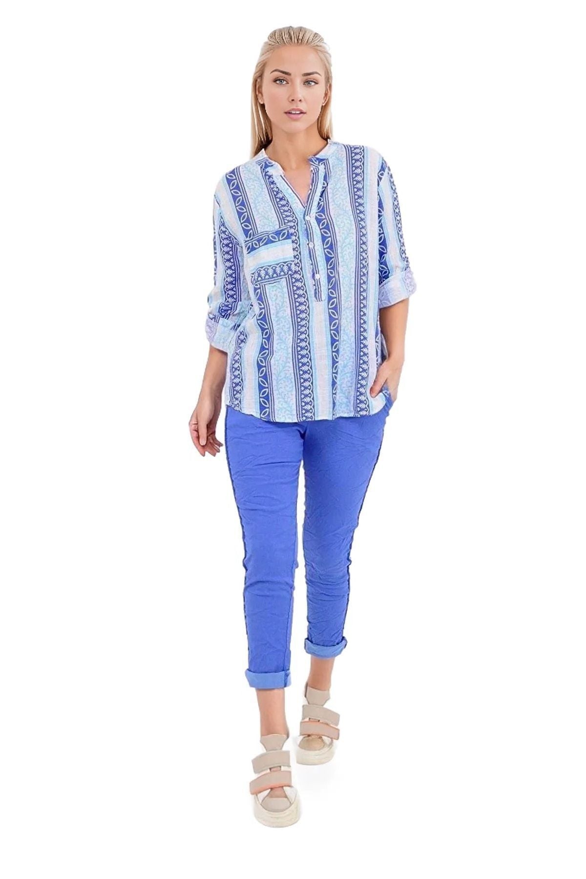 Elsie Women's Cotton-Linen Blend Boho Print Button-Up Shirt - Blue