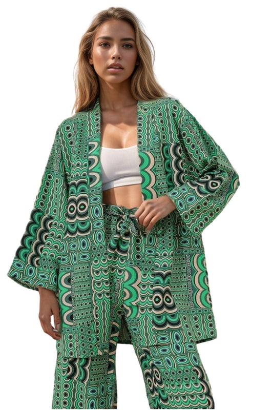 Catherine Women's Linen-Viscose Blend Relaxed Fit Kimono - Green Geometric Print