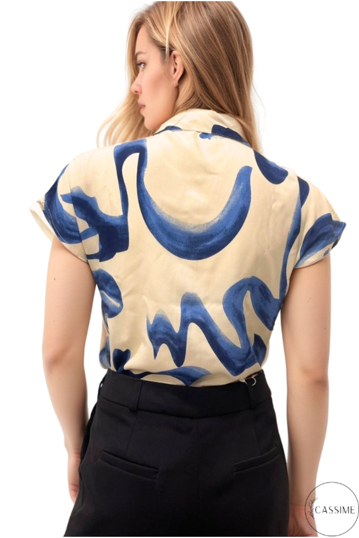 Charlotte Women's Short Sleeve Batwing Shirt - Navy Wave Print
