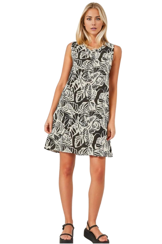 Charlene Women's Linen-Viscose Blend Floral Sleeveless Summer Dress - Black and White Leaf Print