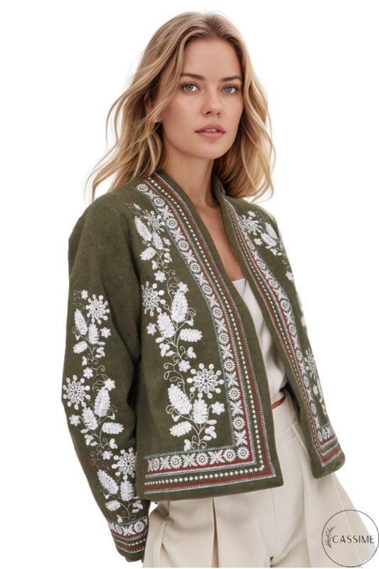 Caitlin Women's Floral Embroidered Boho Jacket - Khaki