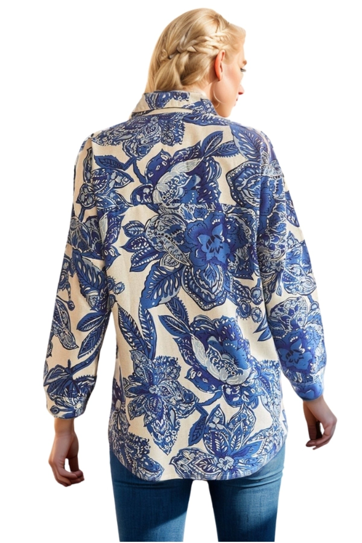 Emilia Women's Linen-Viscose Blend Oversized Printed Shirt - Blue Large Floral