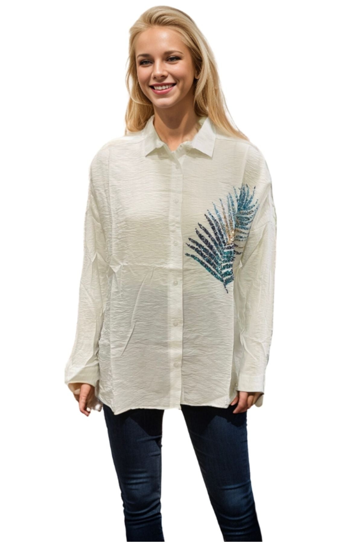 Delilah Women's Linen Oversized Embellished Long Sleeve Shirt - Ecru Leaf