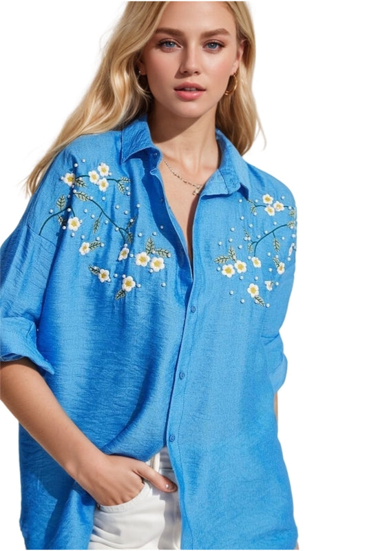 Nell Women's Daisy Embroidered Oversized Shirt - Royal Blue