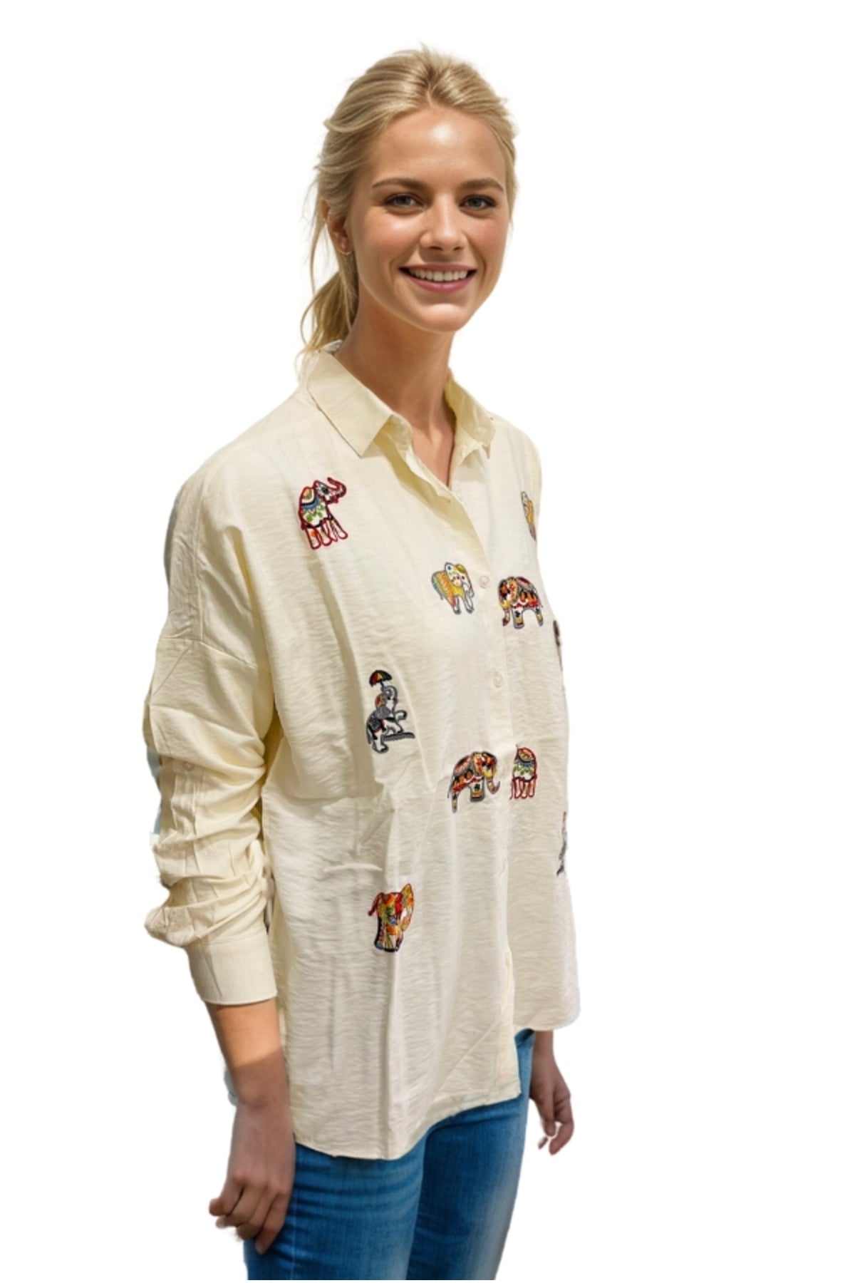 Delilah Women's Cotton Oversized Embellished Long Sleeve Shirt - Cream Elephant