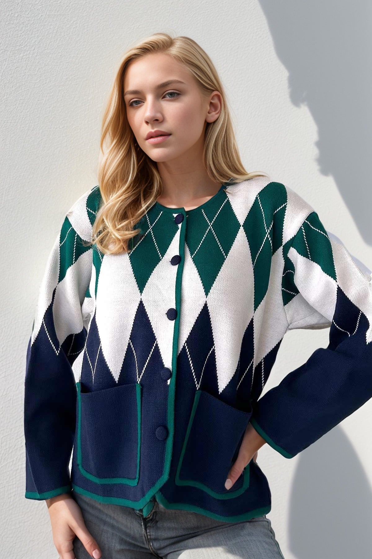 Sienna Women's Argyle Button-Up Cardigan - Green and Navy