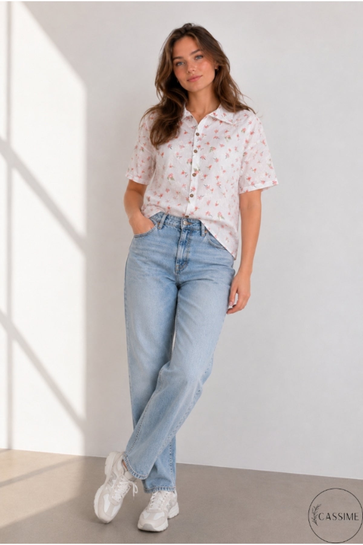 Alice Women's Cotton Floral Short Sleeve Shirt - Ecru with Pink Ditsy Floral Embroidery