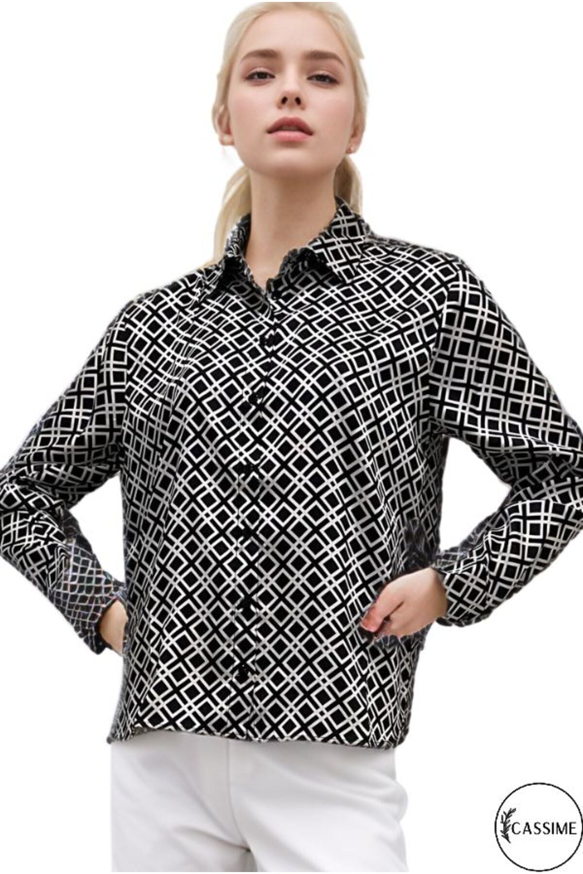 Holly Women's Relaxed Check Satin Shirt - Black Check Print