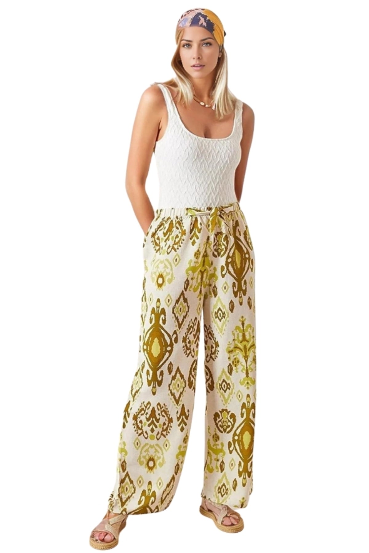 Lucy Women's Linen-Viscose Blend Wide Leg Palazzo Pants - Yellow Boho Print