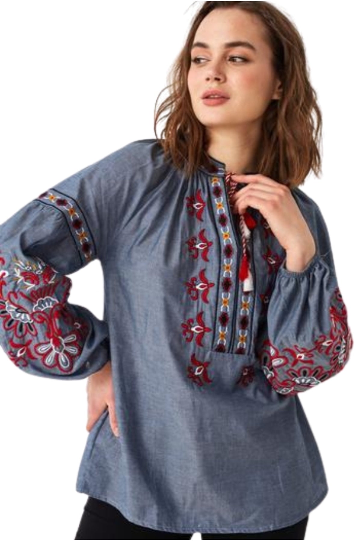 Penelope Women's Cotton Vintage Inspired Embroidered Blouse - Gray
