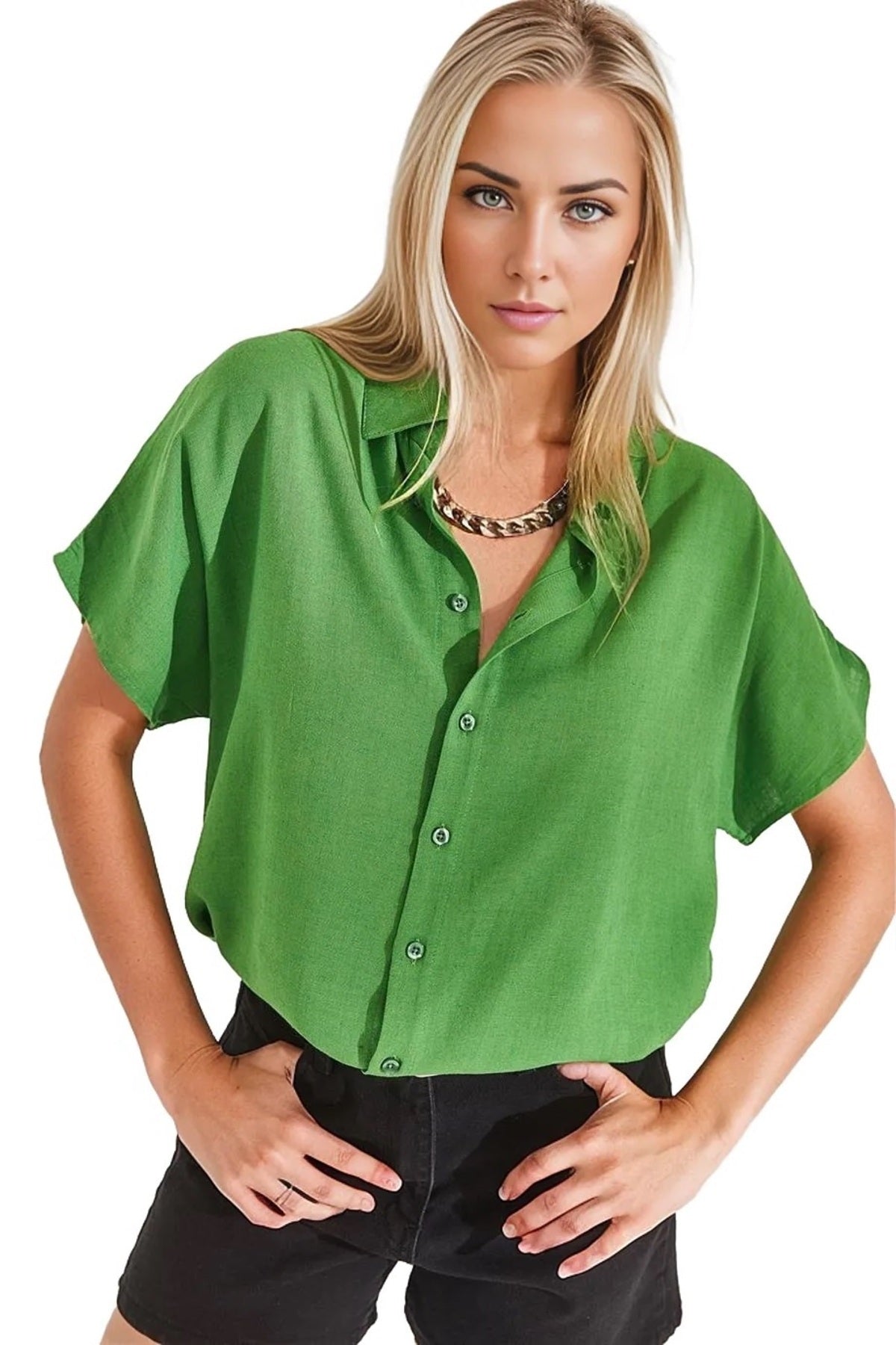 Jocelyn Women's Linen-Viscose Blend Oversized Short Sleeve Batwing Shirt - Pistachio Green