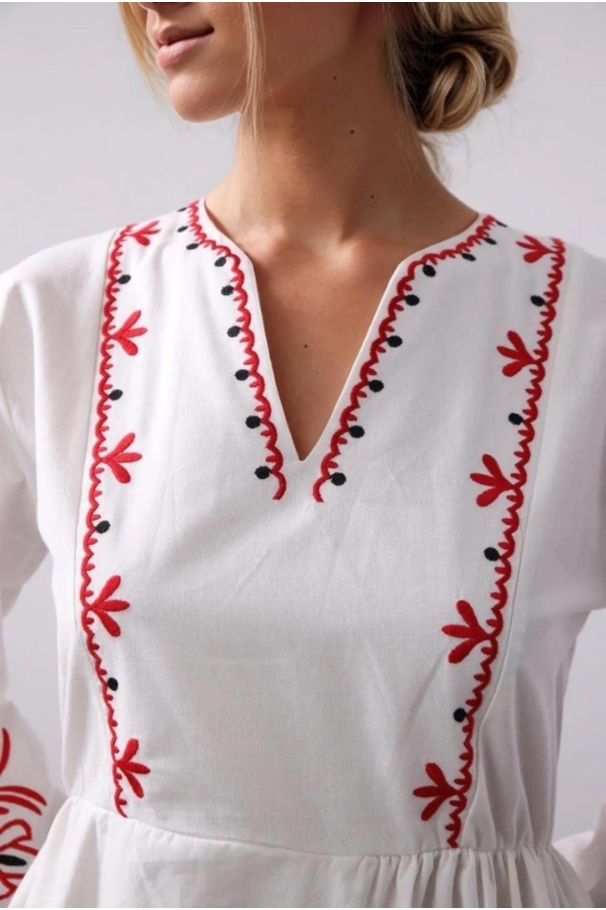 Maria Women's Linen Embroidered Boho Split-Neck Dress - White with Red Embroidery