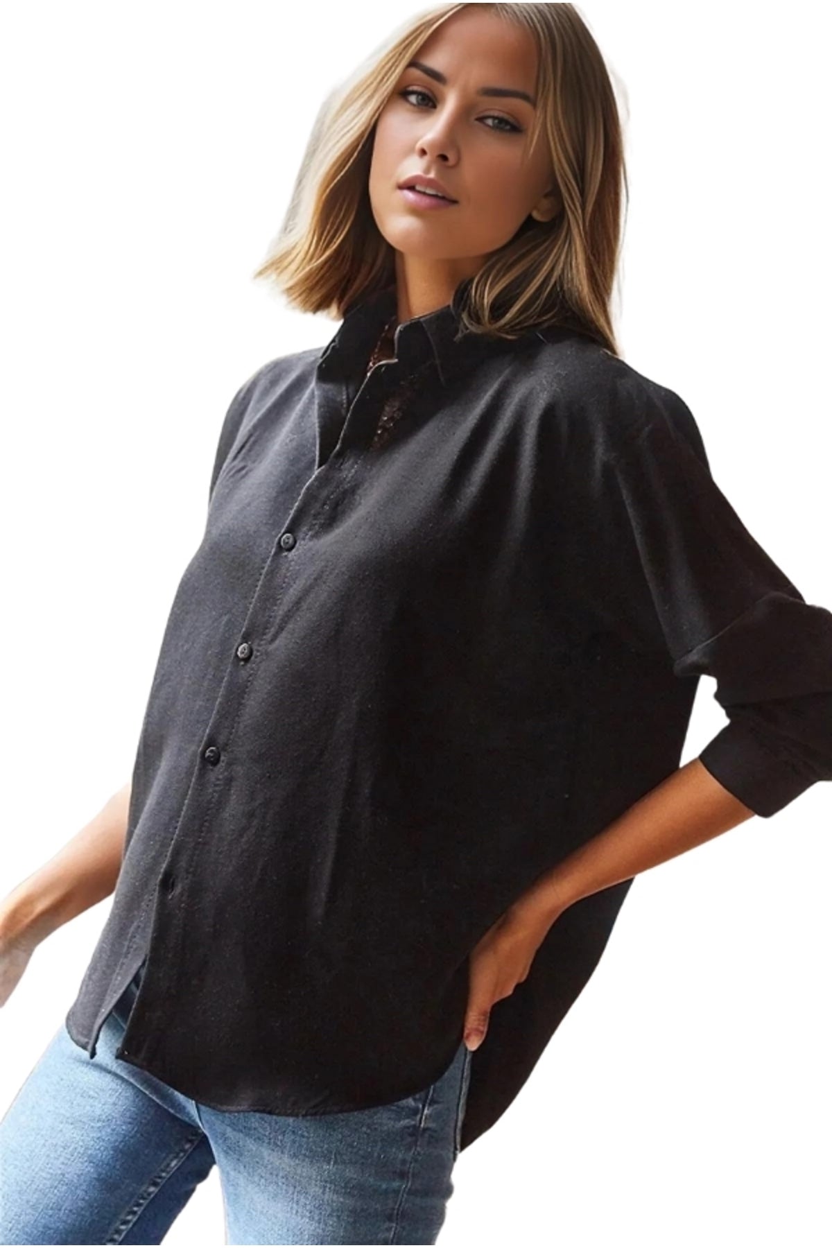 Harriet Women's Linen Blend Oversized Long Sleeve Shirt - Black