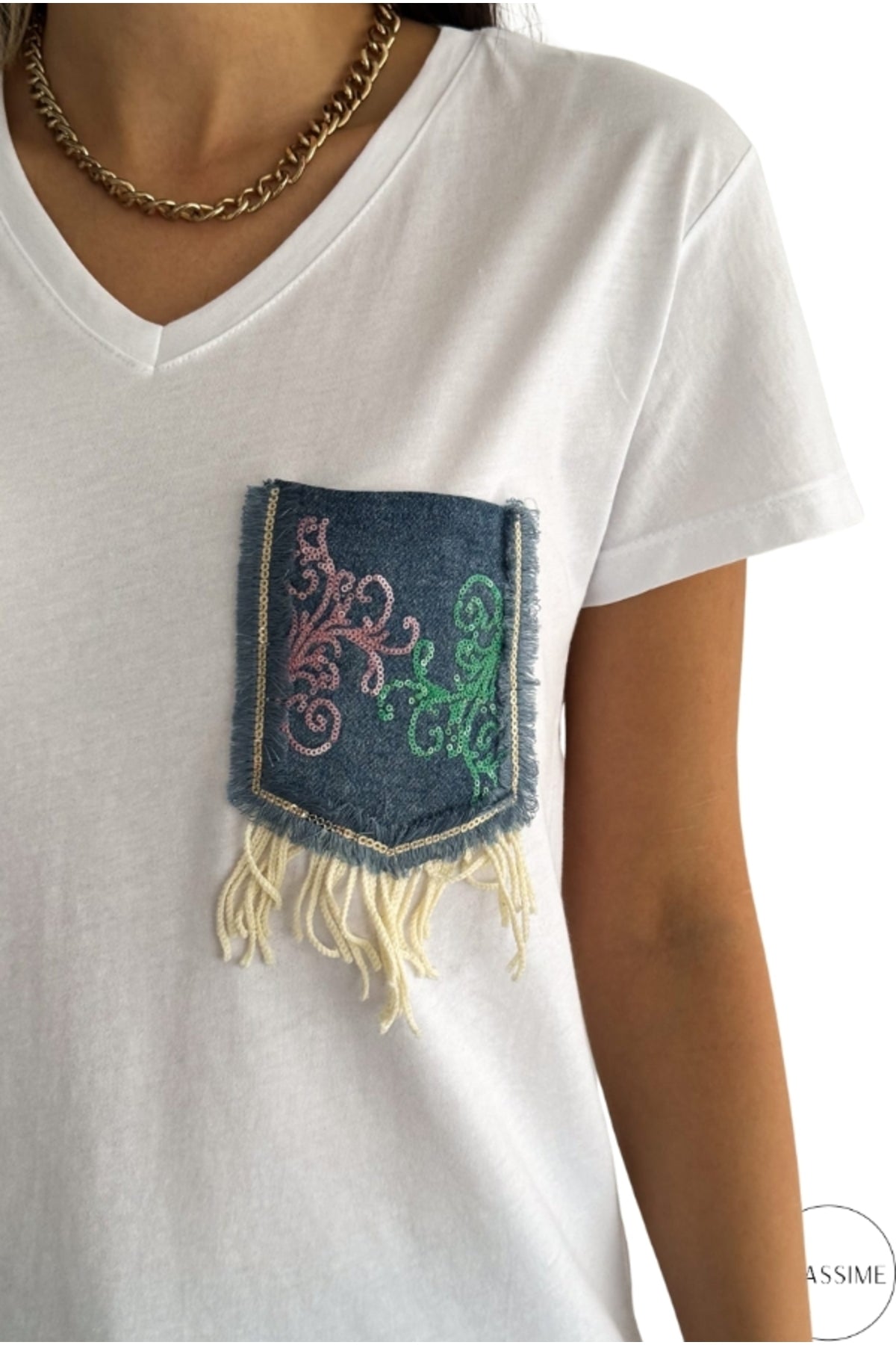 Olivia Women's Cotton Plus Size Embellished V-Neck T-Shirt - White with Denim Pocket