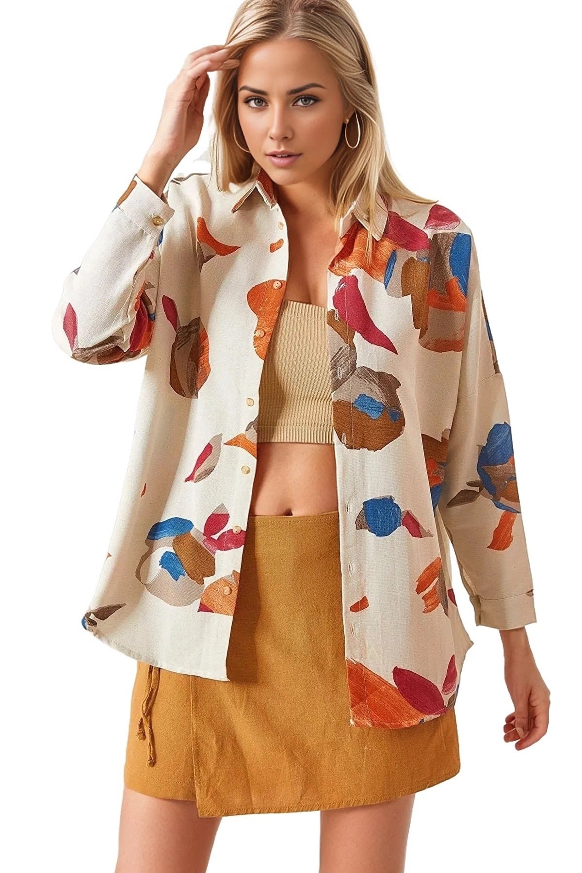Emilia Women's Linen Oversized Printed Shirt - Watercolor Print