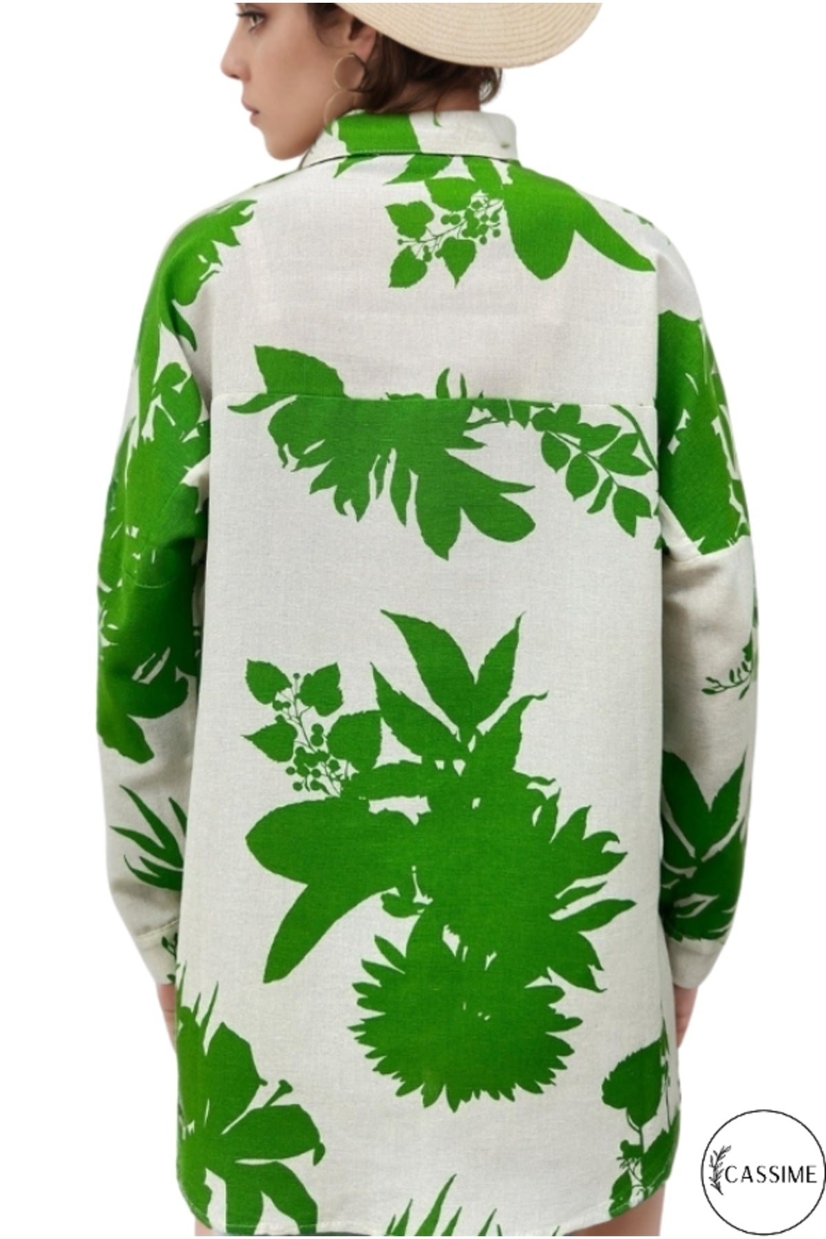 Emilia Women's Linen-Viscose Blend Oversized Printed Shirt - Green Leaf Floral