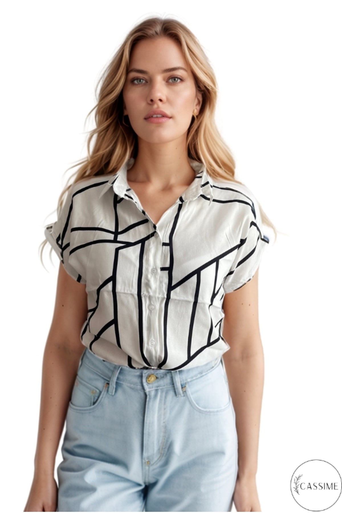 Charlotte Women's Short Sleeve Batwing Shirt - White and Black Geometric Print