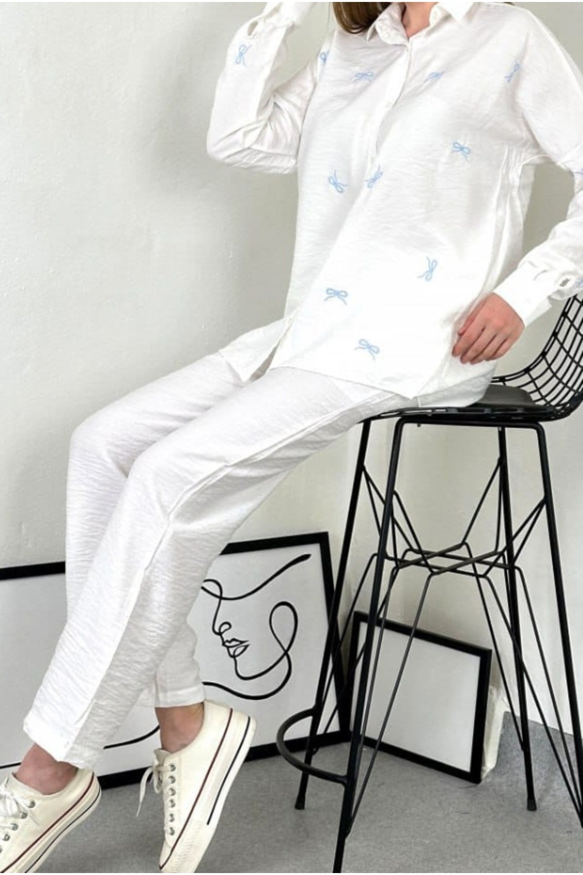 Delilah Women's Cotton Oversized Embellished Long Sleeve Shirt - White with Bow Embroidery
