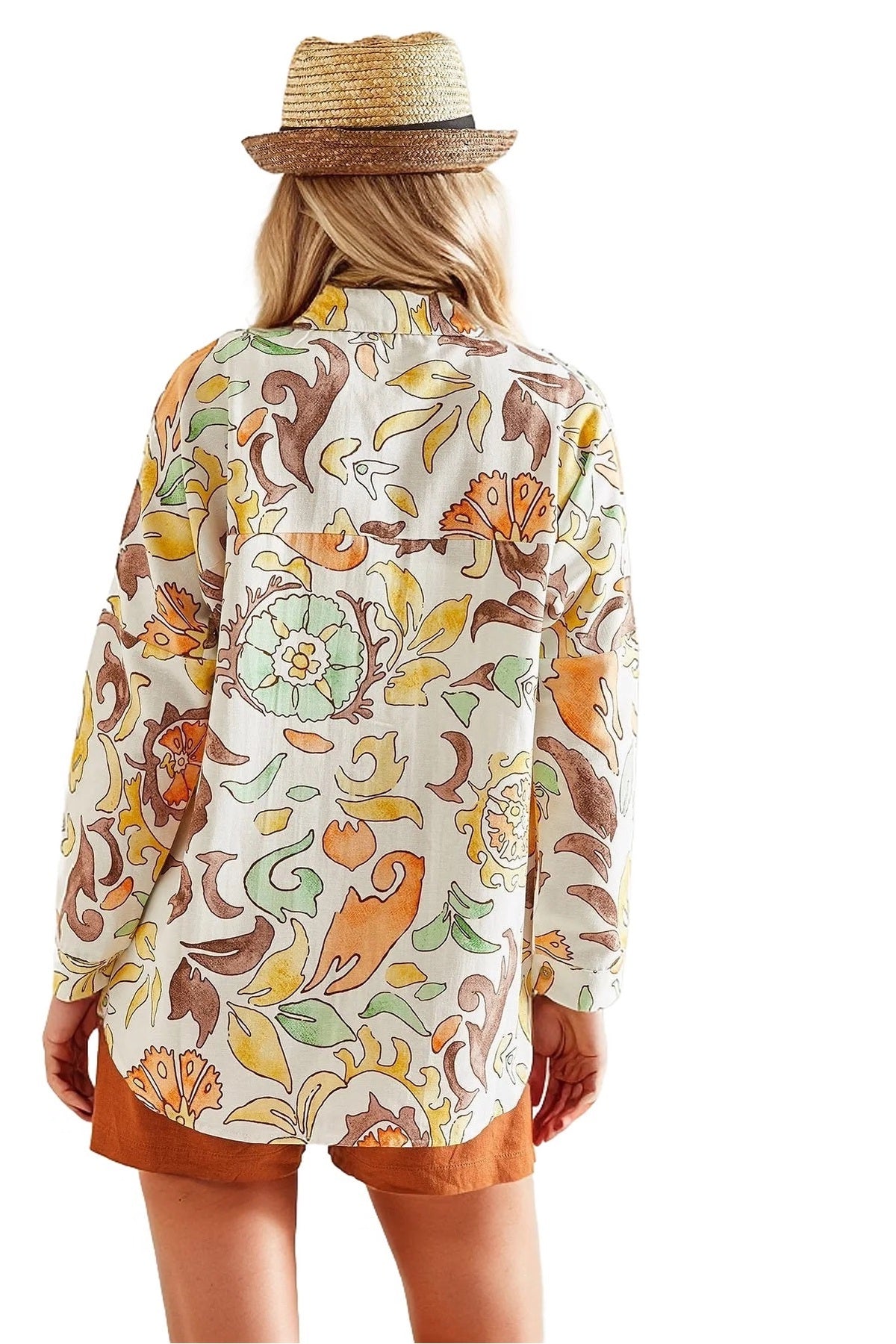 Emilia Women's Linen Blend Oversized Printed Shirt - Light Orange Floral