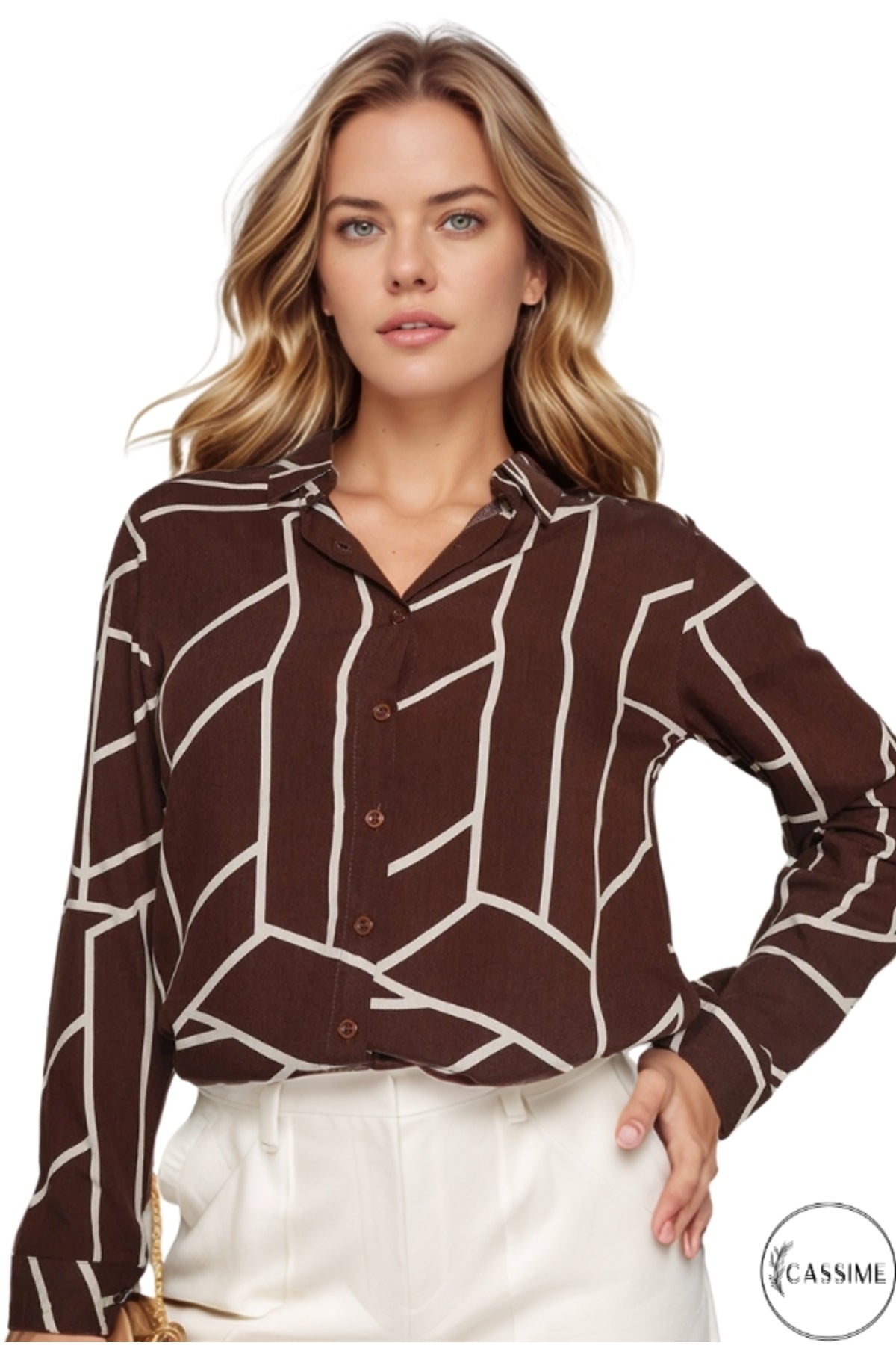 Amelia Women's Viscose Long Sleeve Button-Up Shirt - Brown Striped