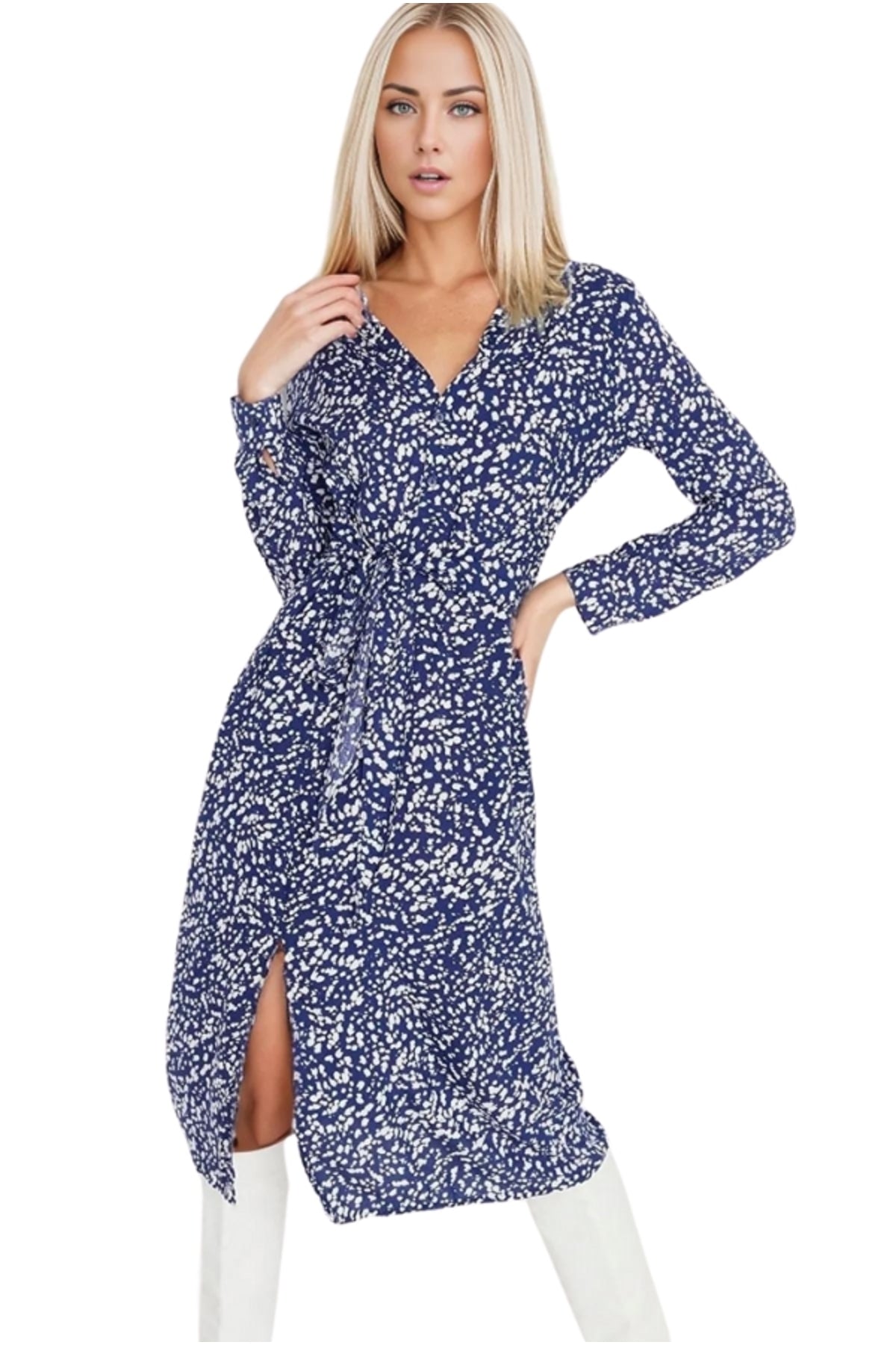 Tessa Women's Viscose Floral Midi Shirt Dress - Blue and White Floral Print